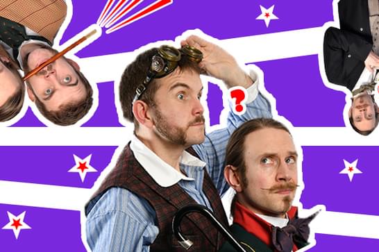 The same two men repeated three times against a striped purple background with stars.