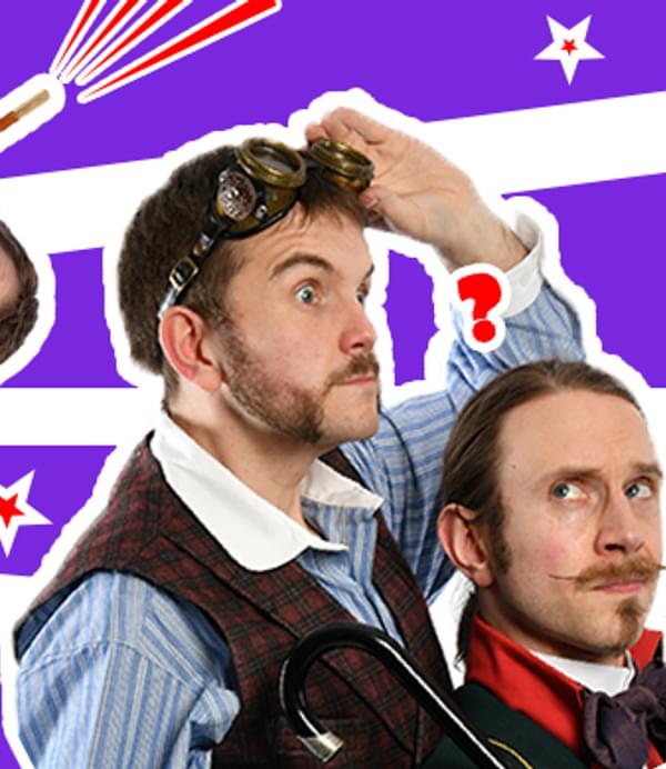 The same two men repeated three times against a striped purple background with stars.