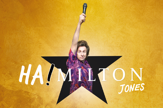 Milton Jones appears inside a black star on a gold background holding a mic straight up with an outstretched arm. The words "Ha! Milton Jones" appear in front.