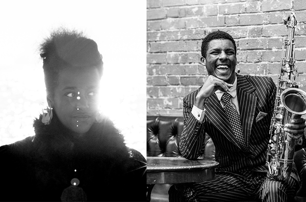 2 black and white photos: on the left a woman with short hair (Sofia Jernberg) in a coat with bright light behind her, and on the right a smiling man in a suit (Xhosa Cole) sits at a table with a saxohphone.