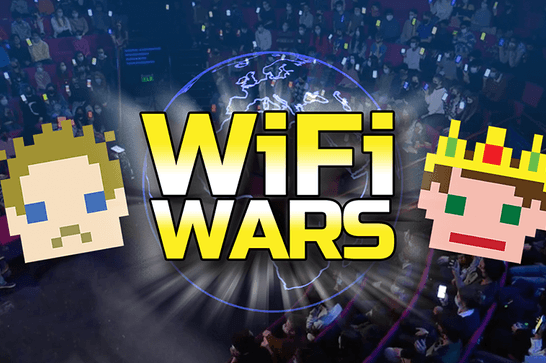 2 cartoon faces, one wearing a crown, with text Wifi Wars and an audience in the background.