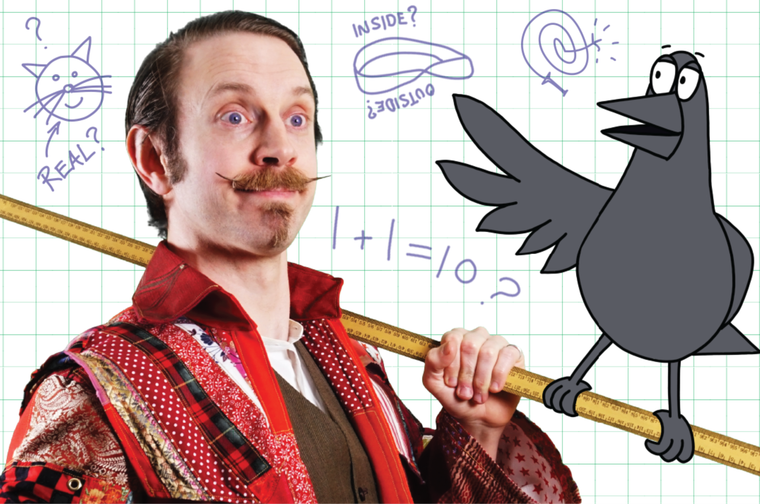 Man in a red patterned shirt and waistcoat. He has a handlebar mustache and is holding a very long ruler. A confused looking carton crow sat on the end of the ruler. Behind them is white and blue graph paper with science equations.