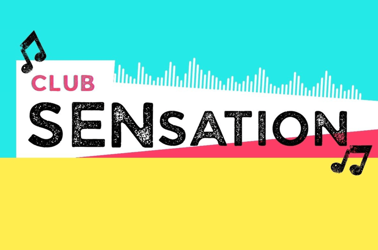 Blue, pink and yellow block shapes with the text 'Clun SENsation' over the top. There are musical notes around the text.