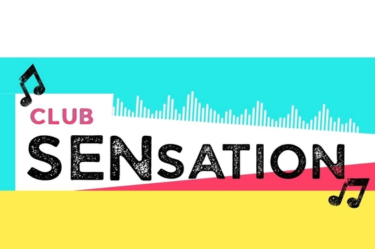 Blue, pink and yellow block shapes with the text 'Clun SENsation' over the top. There are musical notes around the text.