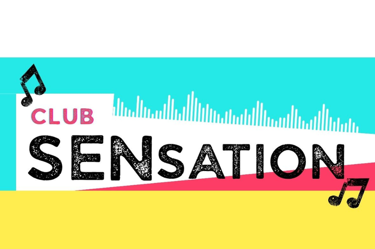 Blue, pink and yellow block shapes with the text 'Clun SENsation' over the top. There are musical notes around the text.
