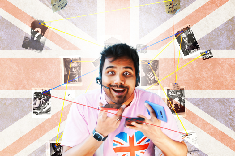 Young man from New Delhi wearing a headset and speaking into three phones. He looks excited. Behind him is a faded British flag. Pinned to the flag are black and white photos connected with red string.