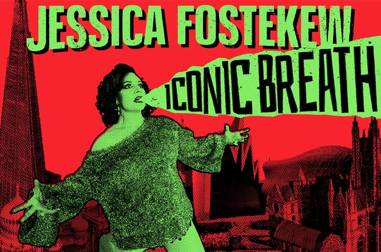 Collage newsprint style image with green photo of a woman with he arms out and speaking. The words 'iconic breath' are coming out of her mouth in large black text. At the top is the text 'Jessica Fostekew' in green. The background is a red mage of a city.