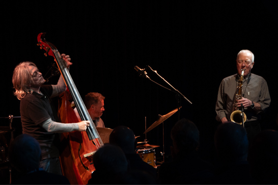 Trio of musicians playing saxophones, 7-string bass, and percussion. They are in a very dark room with a spotlight on the performers.