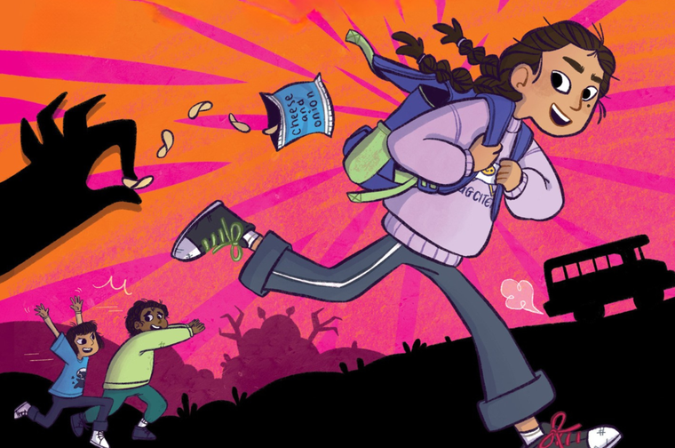 Animated illustration of a young girl with dark braids running energetically against a vibrant orange and pink sunset, wearing a purple hoodie with items flying from her backpack. Two children run behind her while a school bus silhouette appears on the right.