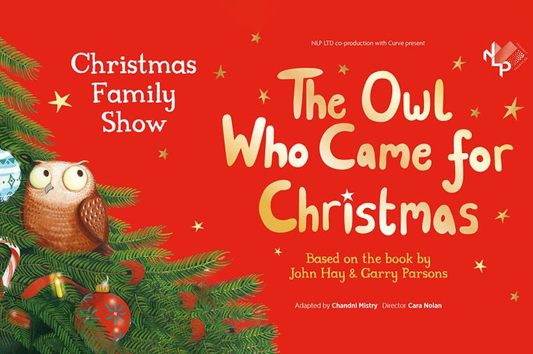 A cartoon of a small owl poking out of a Christmas tree. Christmas tree is decorated with baubles and candy canes. On the right is large gold text that reads 'The Owl Who Came for Christmas' and 'Christmas Family Show' surrounded by twinkling stars.