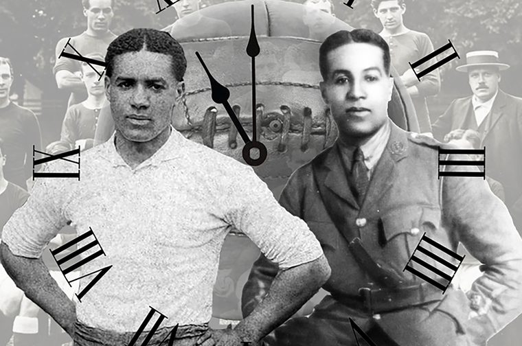 Two old photographs of men (one is a soldier and one is a footballer), overlaid with clock hands and Roman numerals against a background of vintage sports team photographs.