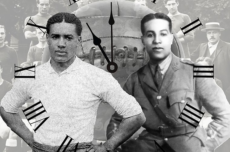 Two old photographs of men (one is a soldier and one is a footballer), overlaid with clock hands and Roman numerals against a background of vintage sports team photographs.