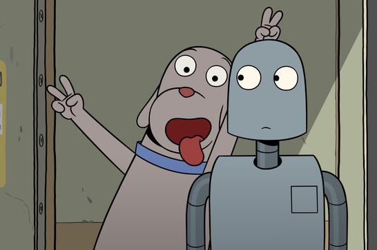 A cartoon dog holds two fingers up behind the head of a cartoon robot as they pose for a photo. The robot looks to its right quizzically.