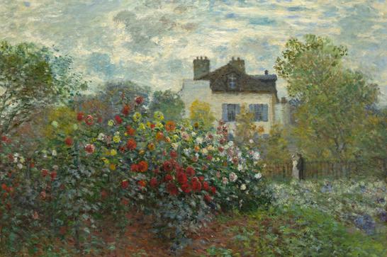 A painting of a house behind a garden of trees and flowers.