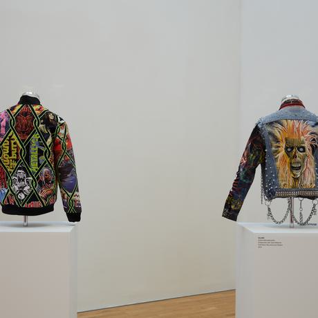 Two jackets customised with embroidery and quilting in a gallery exhibition - focused on heavy metal