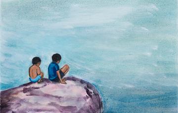 Painting of two boys sitting on a rock looking at the sea