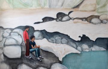 Painting of two boys next to a pool around rocks and melting snow