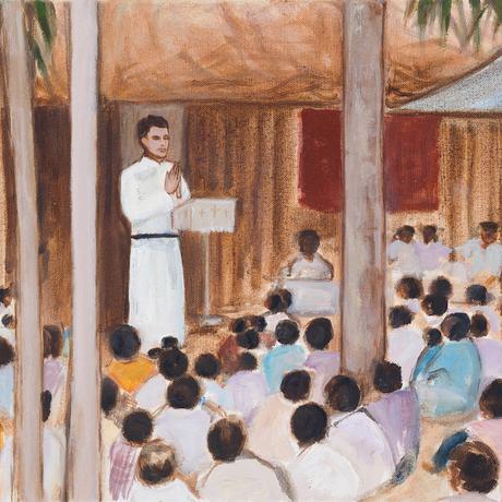 Painting of a preacher talking to a crowd of people in Bangladesh