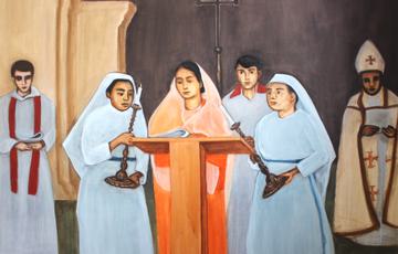 Painting of women and nuns during Catholic ceremony