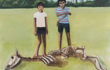 Painting of two young boys stood over the bones of a cow