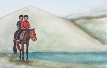 Painting of two young boys on a horse riding next to hills and a lake