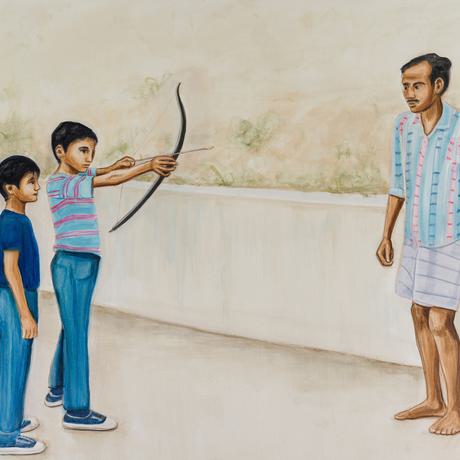 Painting of two young boys pointing a bow and arrow at an older man