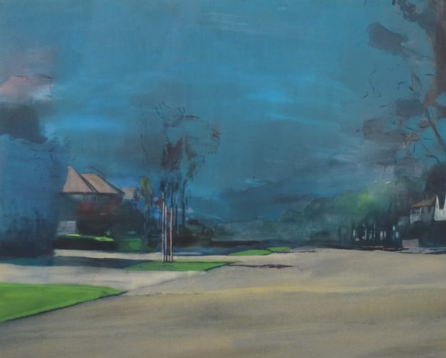 Painting of a suburb in Birmingham, UK. Blue sky and grey road, with house and trees painted and brushstrokes visible.