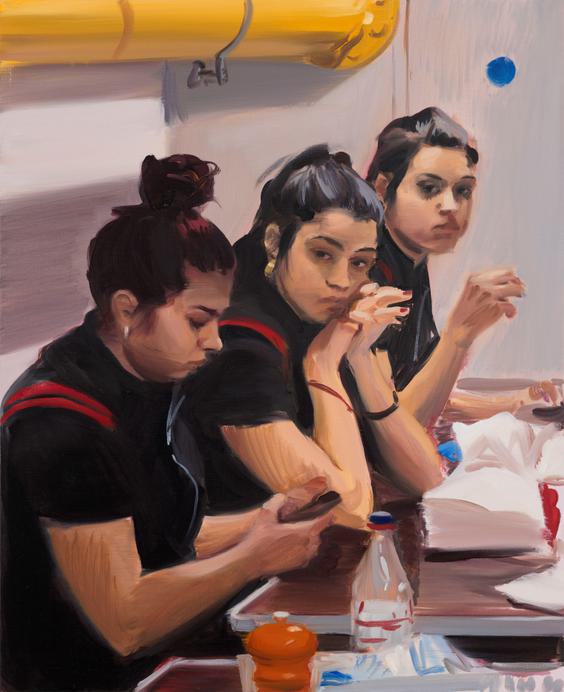 Painting of three women in a restaurant eating their lunch on a lunch break. All three look bored, painted delicately. One is on her phone.