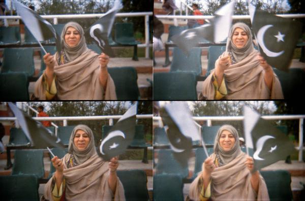 Pakistani woman waves Pakistan flag in hijab - four individual photos combined