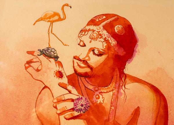 Artwork of drawing on orange-tinted paper. Of a person with longer hair and moustache, wearing jewellery and make up. Holding a flamingo and drawing on their hand delicately.