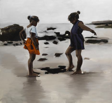 Painting of two young girls playing on the beach. One kicks the sand in a blue dress, one in a red skirt and white top. Background is a calm palette of grey, white, beige.