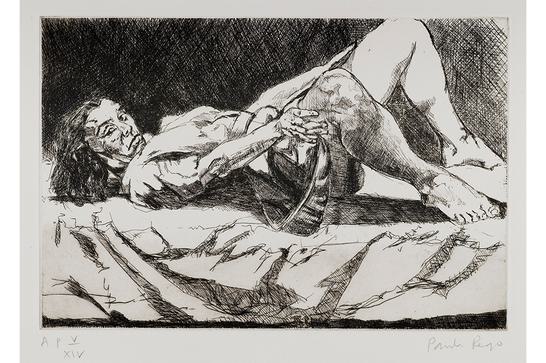 A black and white drawing/etching of a woman lying back on the bed holding he separated legs apart