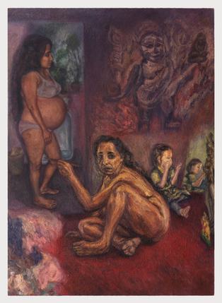 Painting of a nude woman crouching on the floor looking at the viewer, red and brown colour palette, a pregnant woman stands naked in the background, a child is seen in the background.