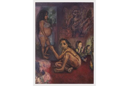 A painting of a nude person hunched over on the floor, with people in the background