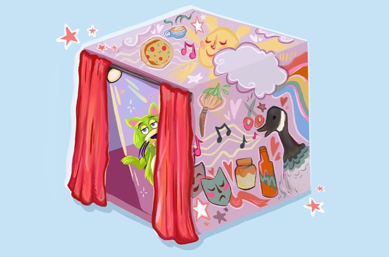 An illustration of a box, which has theatre curtains on the front. A green fluffy cat is peaking out from the corner.