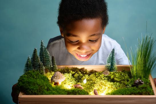A child is peering into a wooden box, that is filled with grass and moss and trees