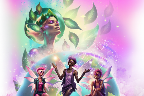 Three people with fairy wings in front of the Earth with a larger person behind the glob with a green headdress of leaves.