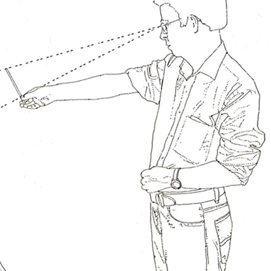 A black and white drawing of a person looking into the distance with lines coming from their eyes.